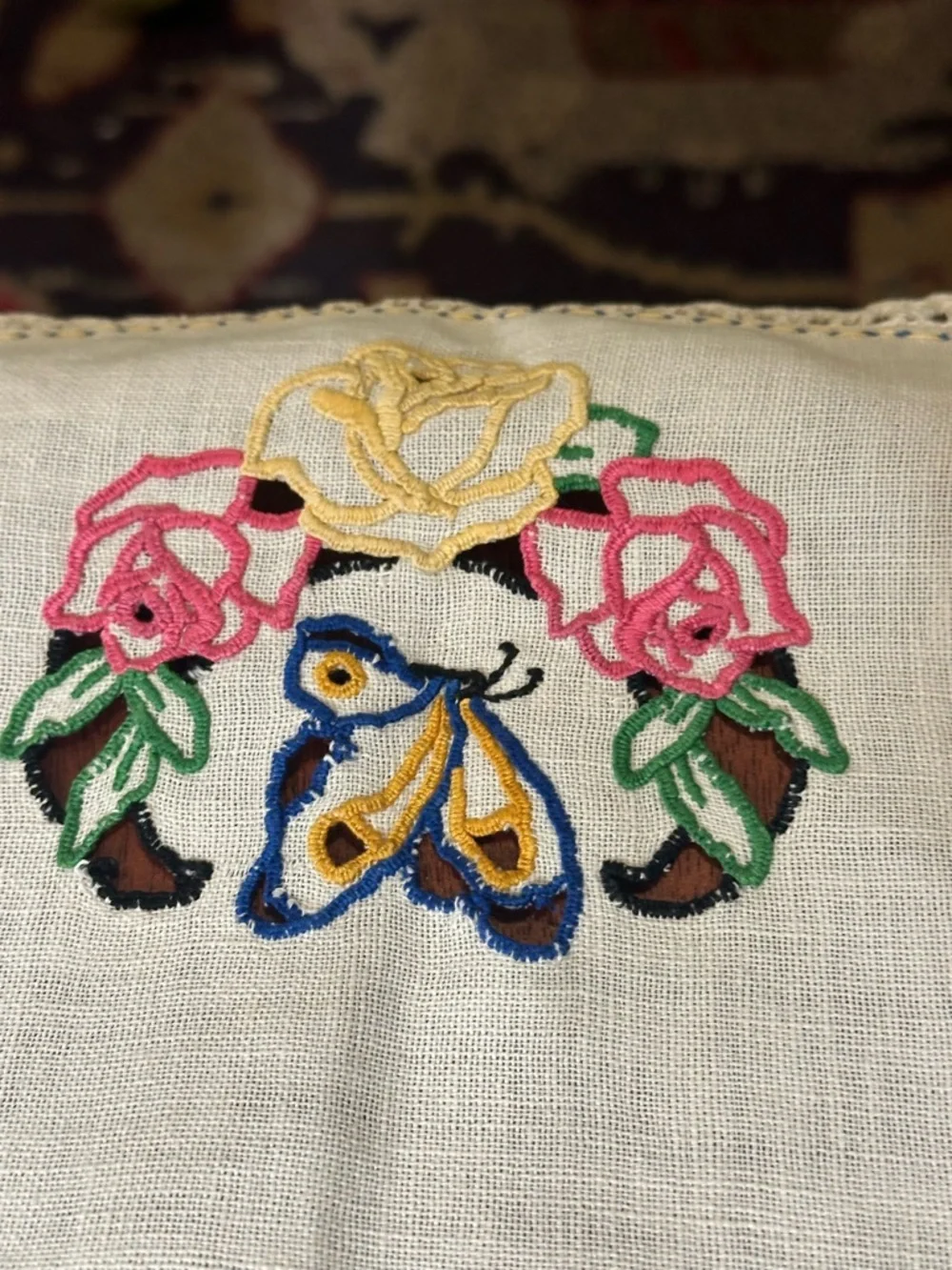 Vintage Embroidered Butterfly & Rose Table Runner -